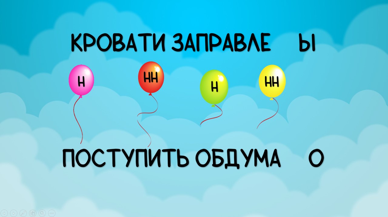Разминка "Н и НН в прилагательных, причастиях и наречиях"